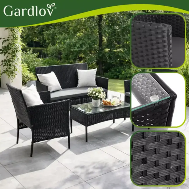 Gardlov Zwarte rattan tuinmeubelset met tweezitsbank, 2 stoelen, glazen tafel en grijze kussens