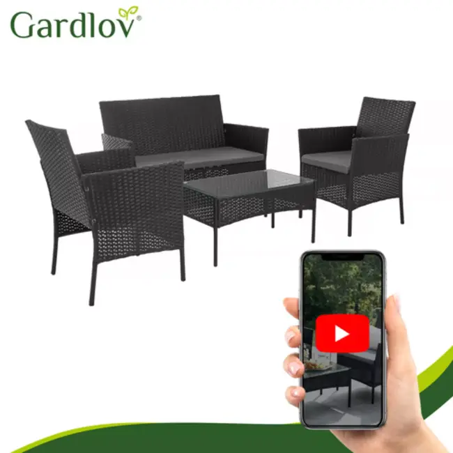 Gardlov Zwarte rattan tuinmeubelset met tweezitsbank, 2 stoelen, glazen tafel en grijze kussens