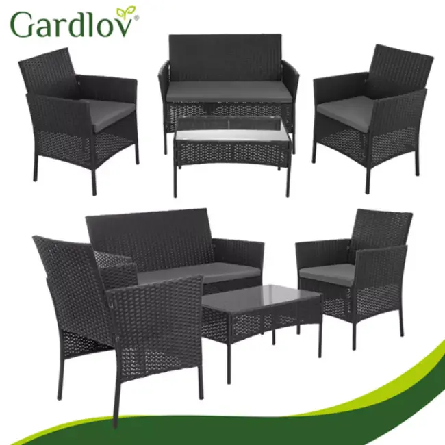 Gardlov Zwarte rattan tuinmeubelset met tweezitsbank, 2 stoelen, glazen tafel en grijze kussens