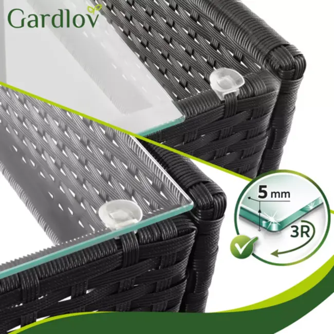 Gardlov Zwarte rattan tuinmeubelset met tweezitsbank, 2 stoelen, glazen tafel en grijze kussens