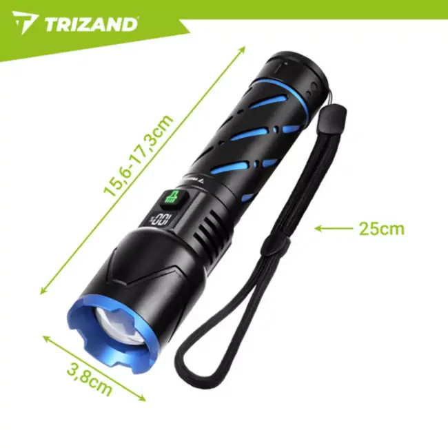 Trizand Tactische LED zaklamp 800 lumen zwart aluminium met zoom, USB-C opladen en 5000 mAh batterij