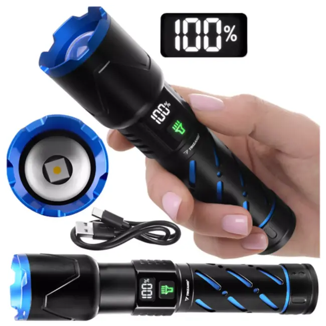 Trizand Tactische LED zaklamp 800 lumen zwart aluminium met zoom, USB-C opladen en 5000 mAh batterij