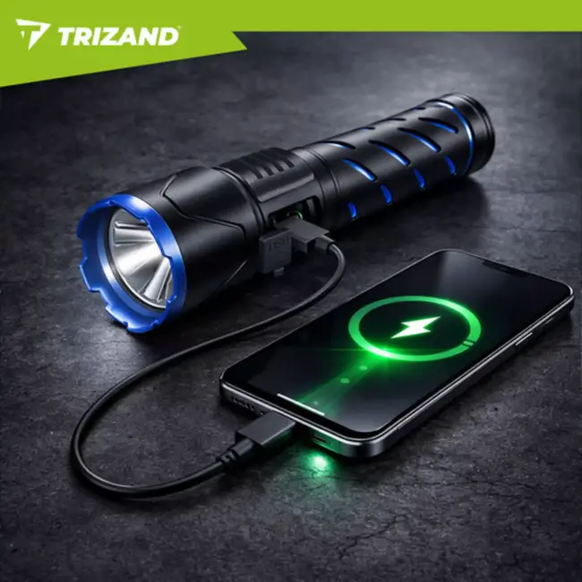 Trizand Tactische LED zaklamp 800 lumen zwart aluminium met zoom, USB-C opladen en 5000 mAh batterij
