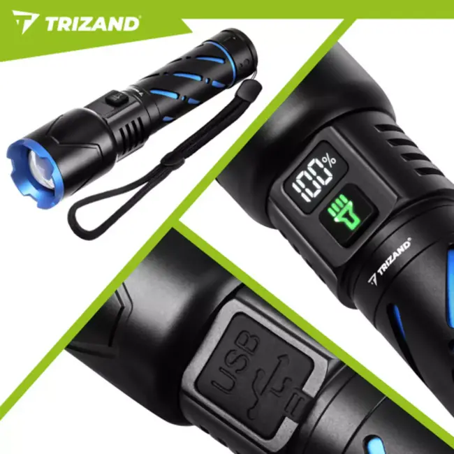 Trizand Tactische LED zaklamp 800 lumen zwart aluminium met zoom, USB-C opladen en 5000 mAh batterij