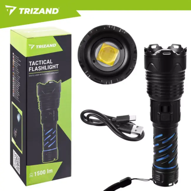 Trizand Tactische LED zaklamp 1500 lumen zwart aluminium met zoom, USB-C opladen en 5000 mAh batterij