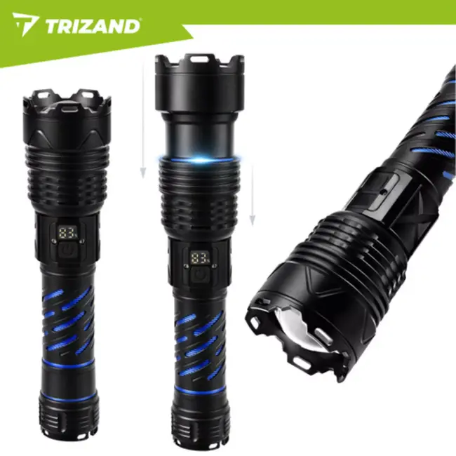 Trizand Tactische LED zaklamp 1500 lumen zwart aluminium met zoom, USB-C opladen en 5000 mAh batterij