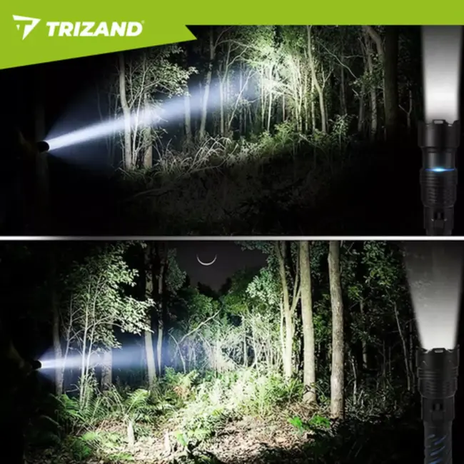 Trizand Tactische LED zaklamp 1500 lumen zwart aluminium met zoom, USB-C opladen en 5000 mAh batterij
