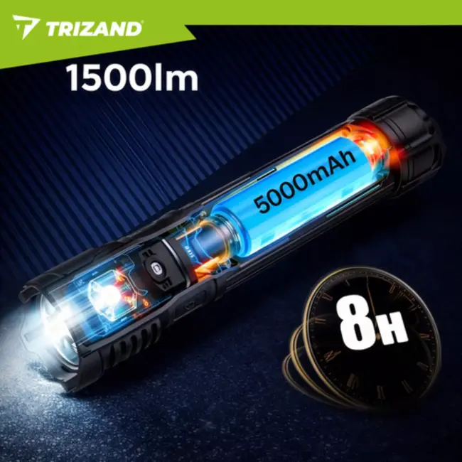 Trizand Tactische LED zaklamp 1500 lumen zwart aluminium met zoom, USB-C opladen en 5000 mAh batterij
