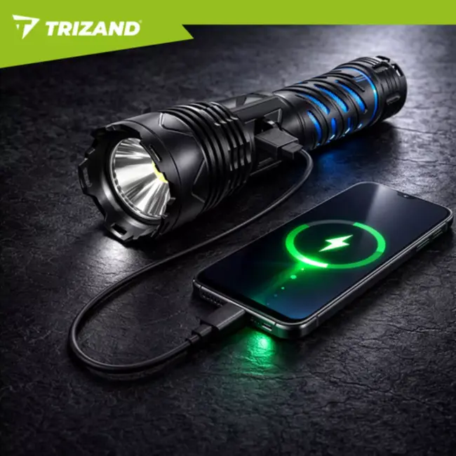 Trizand Tactische LED zaklamp 1500 lumen zwart aluminium met zoom, USB-C opladen en 5000 mAh batterij