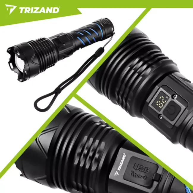 Trizand Tactische LED zaklamp 1500 lumen zwart aluminium met zoom, USB-C opladen en 5000 mAh batterij