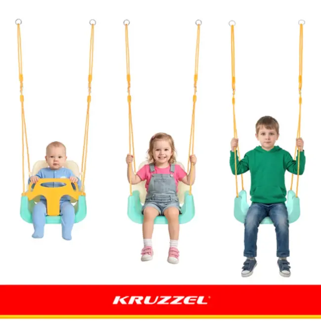 Kruzzel Meegroei babyschommel 3-in-1 turquoise crème geel met verstelbare touwen tot 30 kg