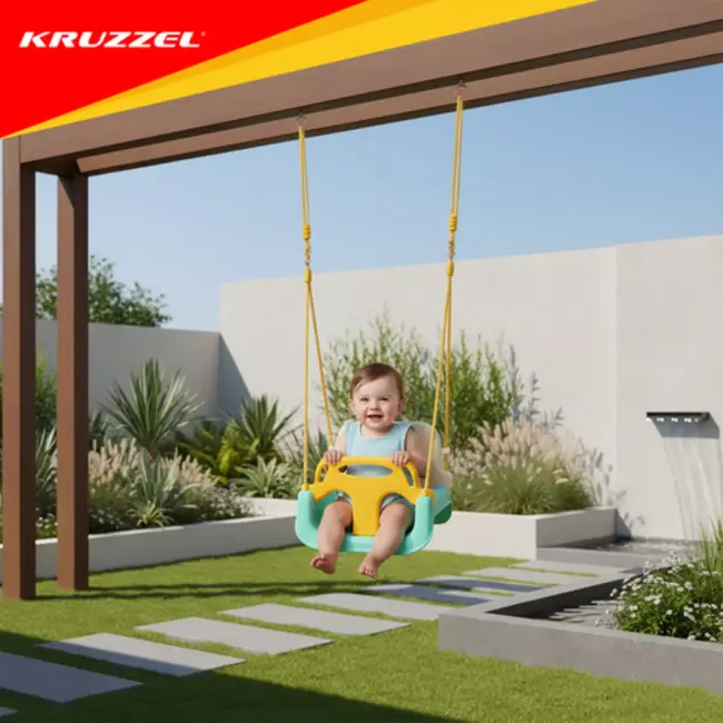 Kruzzel Meegroei babyschommel 3-in-1 turquoise crème geel met verstelbare touwen tot 30 kg