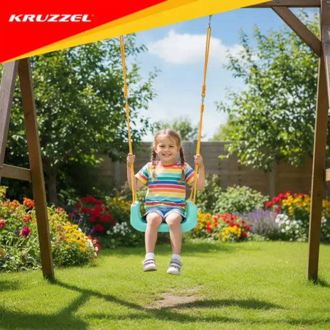 Kruzzel Meegroei babyschommel 3-in-1 turquoise crème geel met verstelbare touwen tot 30 kg