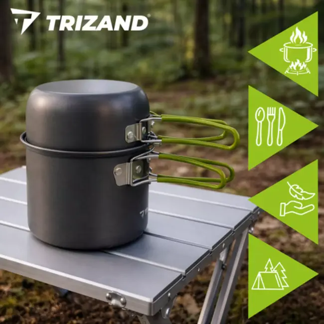 Trizand Lichtgewicht aluminium camping pannenset 1,2 liter met opvouwbaar bestek en opbergzak