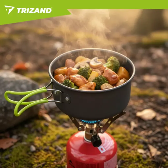Trizand Lichtgewicht aluminium camping pannenset 1,2 liter met opvouwbaar bestek en opbergzak