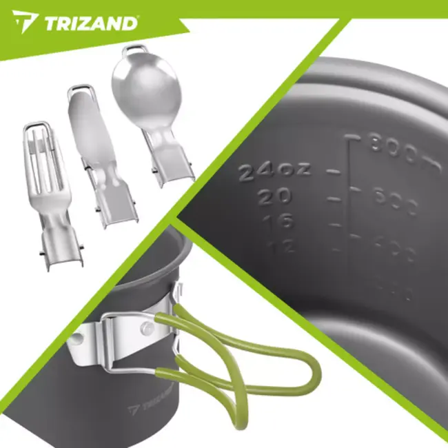 Trizand Lichtgewicht aluminium camping pannenset 1,2 liter met opvouwbaar bestek en opbergzak