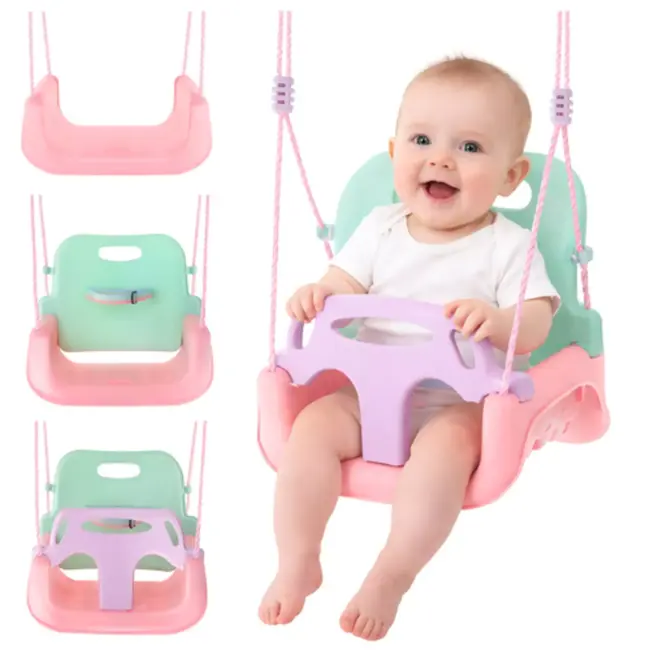 Kruzzel Meegroei babyschommel 3-in-1 pastel roze turquoise paars met rugleuning en verstelbare touwen tot 30 kg