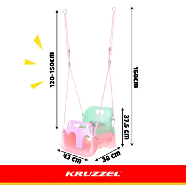 Kruzzel Meegroei babyschommel 3-in-1 pastel roze turquoise paars met rugleuning en verstelbare touwen tot 30 kg