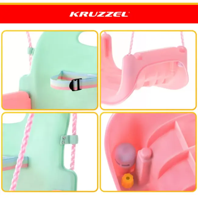 Kruzzel Meegroei babyschommel 3-in-1 pastel roze turquoise paars met rugleuning en verstelbare touwen tot 30 kg