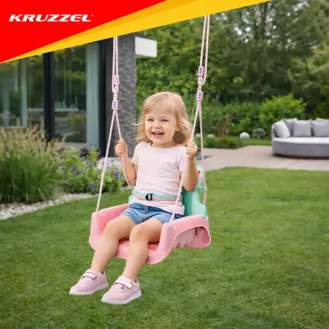 Kruzzel Meegroei babyschommel 3-in-1 pastel roze turquoise paars met rugleuning en verstelbare touwen tot 30 kg