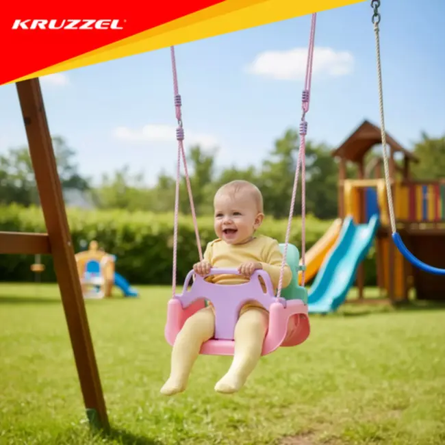 Kruzzel Meegroei babyschommel 3-in-1 pastel roze turquoise paars met rugleuning en verstelbare touwen tot 30 kg