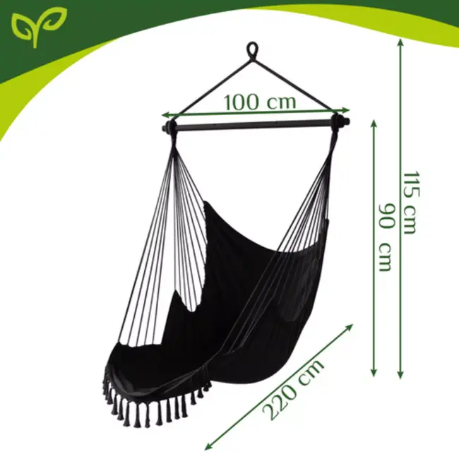 Gardlov Hangstoel Zwart met Kussens en Voetensteun 210 cm – Hangmatstoel voor Tuin, Balkon of Woonkamer – Max. 150 kg – Inclusief Ophangband