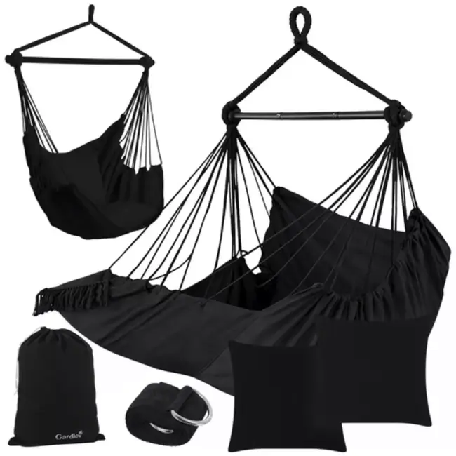 Gardlov Hangstoel Zwart met Kussens en Voetensteun 210 cm – Hangmatstoel voor Tuin, Balkon of Woonkamer – Max. 150 kg – Inclusief Ophangband