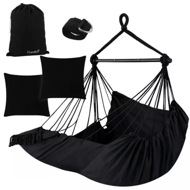 Gardlov Hangstoel Zwart met Kussens en Voetensteun 210 cm – Hangmatstoel voor Tuin, Balkon of Woonkamer – Max. 150 kg – Inclusief Ophangband