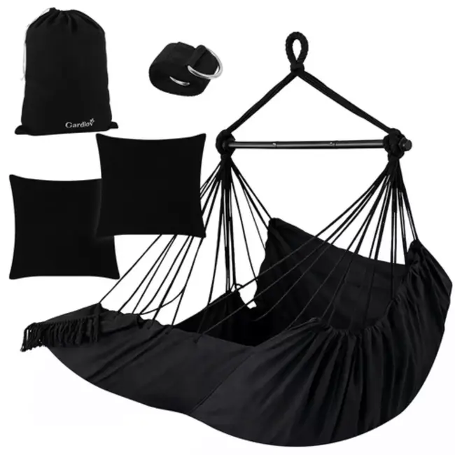 Gardlov Hangstoel Zwart met Kussens en Voetensteun 210 cm – Hangmatstoel voor Tuin, Balkon of Woonkamer – Max. 150 kg – Inclusief Ophangband