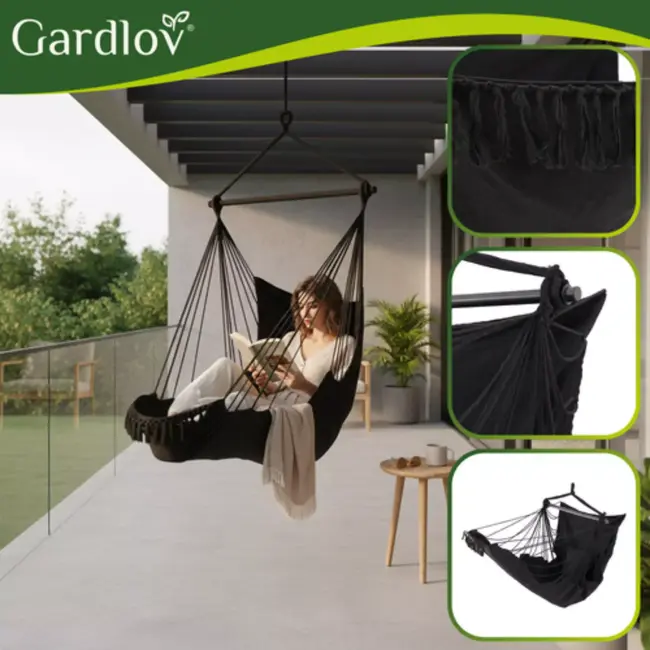 Gardlov Hangstoel Zwart met Kussens en Voetensteun 210 cm – Hangmatstoel voor Tuin, Balkon of Woonkamer – Max. 150 kg – Inclusief Ophangband