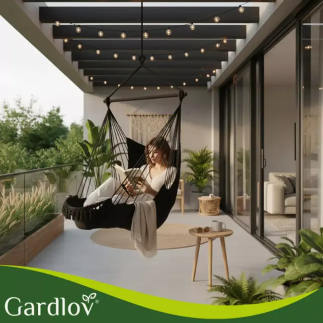 Gardlov Hangstoel Zwart met Kussens en Voetensteun 210 cm – Hangmatstoel voor Tuin, Balkon of Woonkamer – Max. 150 kg – Inclusief Ophangband