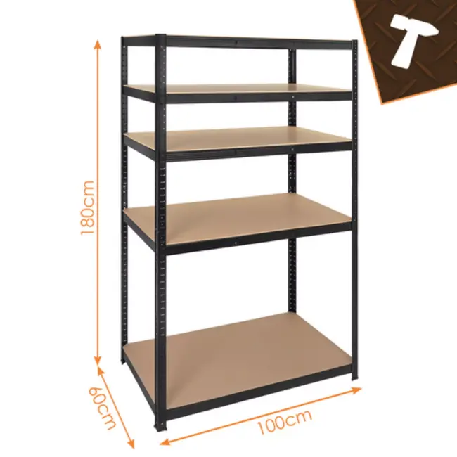 Bigstren Zwart metalen magazijnrek 180 x 100 x 60 cm met 5 planken en draagvermogen tot 1000 kg