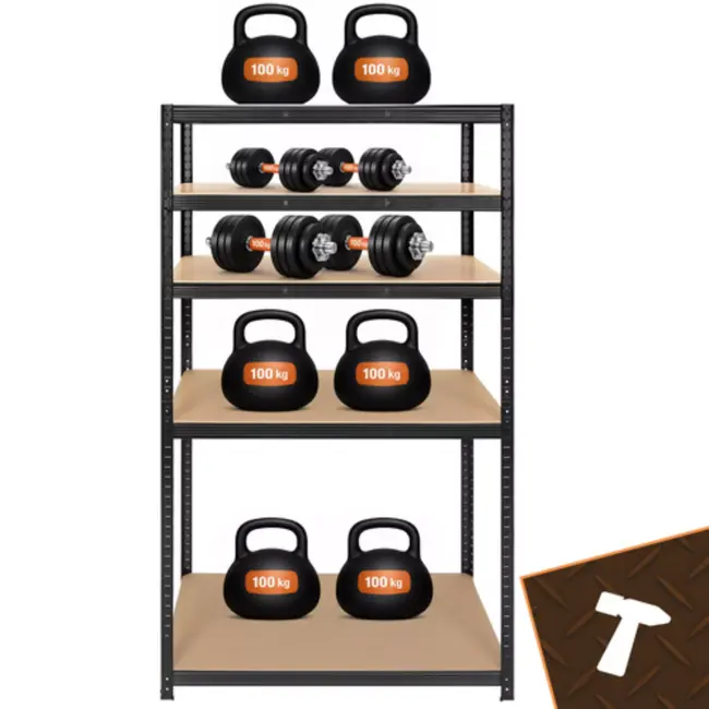 Bigstren Zwart metalen magazijnrek 180 x 100 x 60 cm met 5 planken en draagvermogen tot 1000 kg