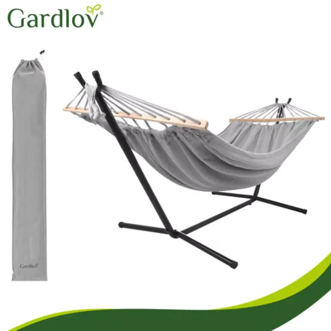 Gardlov Grijze tweepersoons hangmat met frame 200 x 150 cm belastbaar tot 250 kg