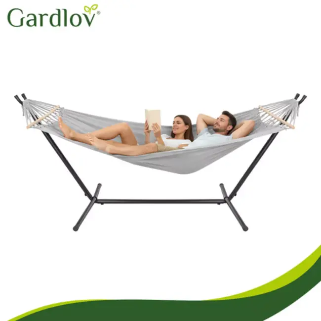 Gardlov Grijze tweepersoons hangmat met frame 200 x 150 cm belastbaar tot 250 kg