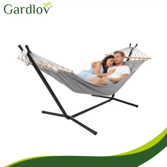 Gardlov Grijze tweepersoons hangmat met frame 200 x 150 cm belastbaar tot 250 kg