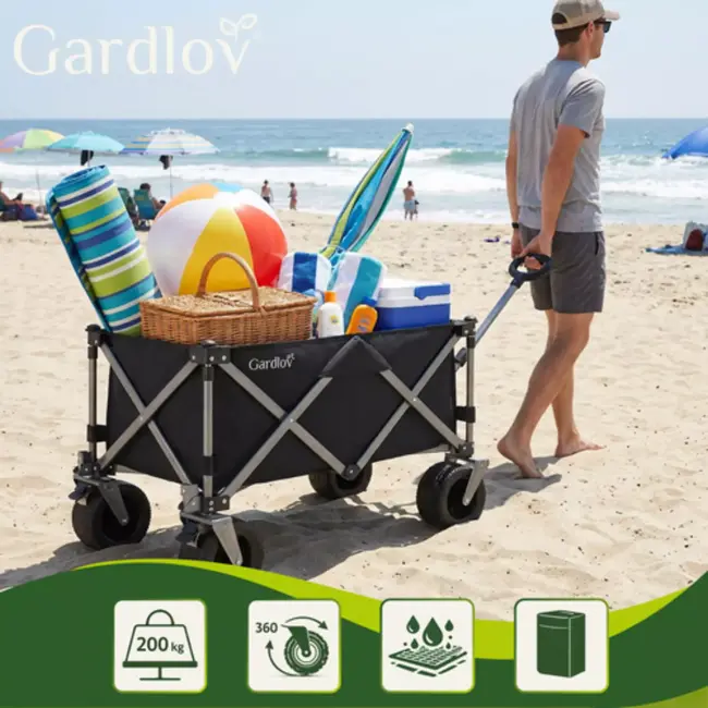 Gardlov Zwarte opvouwbare transportkar 150 liter met terreinwielen en belastbaar tot 200 kg voor tuin strand en camping