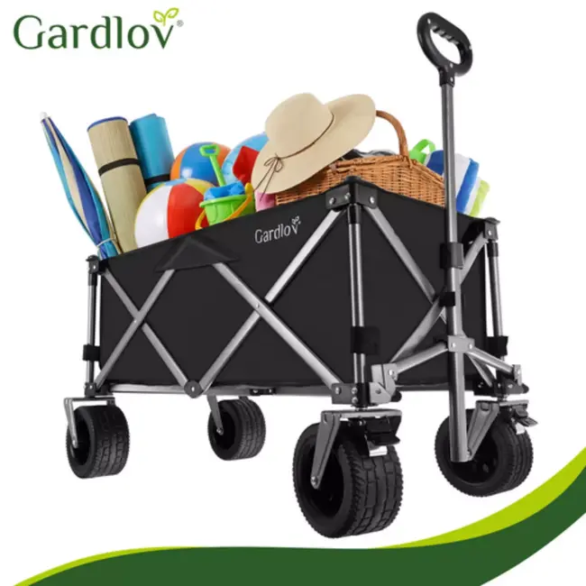Gardlov Zwarte opvouwbare transportkar 150 liter met terreinwielen en belastbaar tot 200 kg voor tuin strand en camping