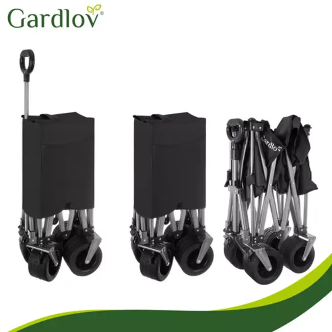 Gardlov Zwarte opvouwbare transportkar 150 liter met terreinwielen en belastbaar tot 200 kg voor tuin strand en camping