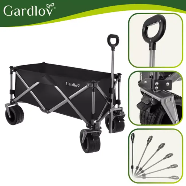 Gardlov Zwarte opvouwbare transportkar 150 liter met terreinwielen en belastbaar tot 200 kg voor tuin strand en camping