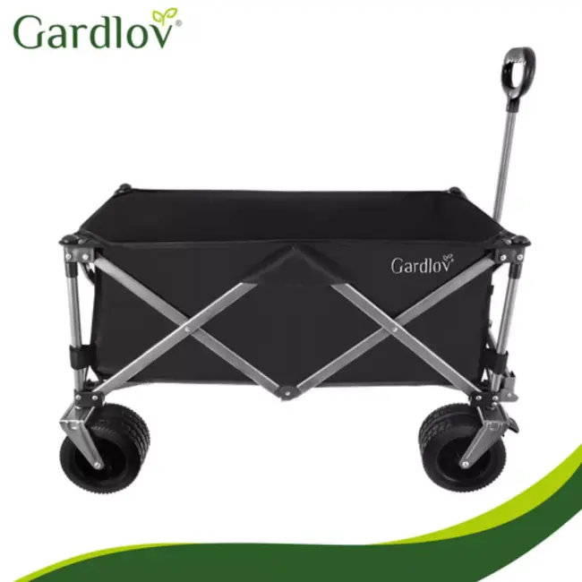 Gardlov Zwarte opvouwbare transportkar 150 liter met terreinwielen en belastbaar tot 200 kg voor tuin strand en camping