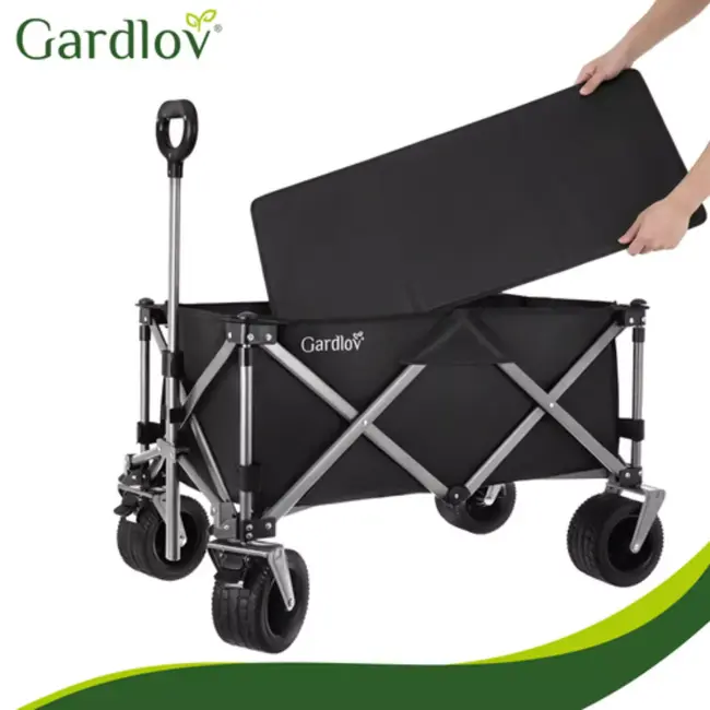 Gardlov Zwarte opvouwbare transportkar 150 liter met terreinwielen en belastbaar tot 200 kg voor tuin strand en camping