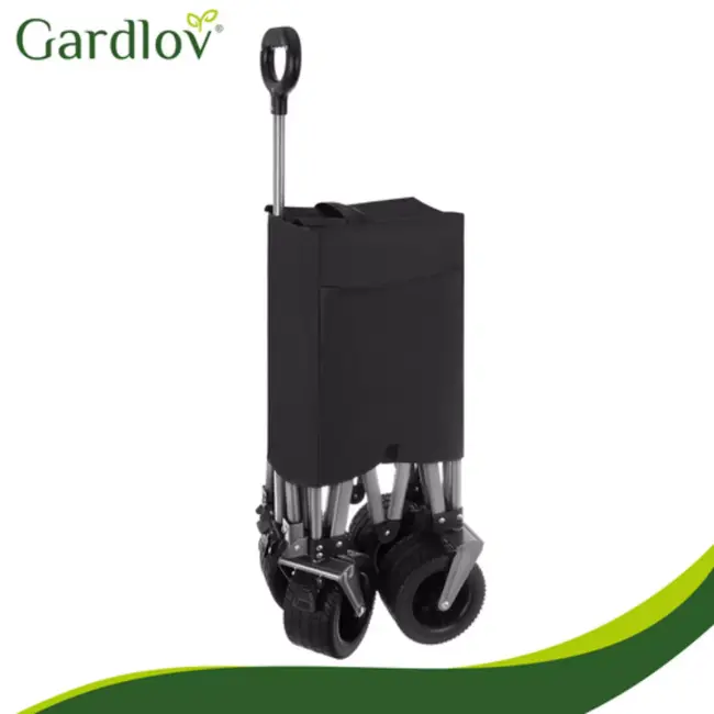 Gardlov Zwarte opvouwbare transportkar 150 liter met terreinwielen en belastbaar tot 200 kg voor tuin strand en camping