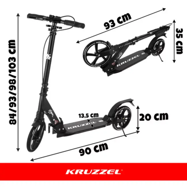 Kruzzel Opvouwbare step zwart wit met 20 cm wielen, verstelbaar stuur 84 tot 103 cm en maximaal 100 kg belastbaar