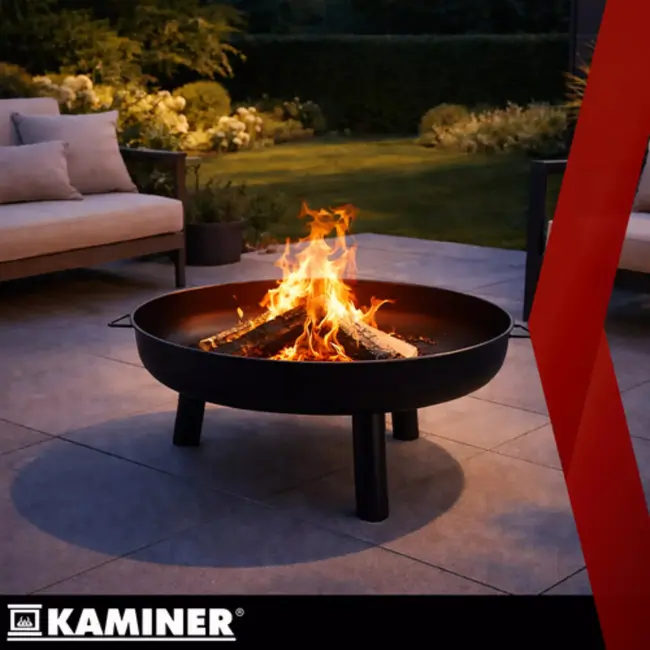 Kaminer Ronde vuurschaal 80 cm zwart met 3 poten en handgrepen voor tuin of terras