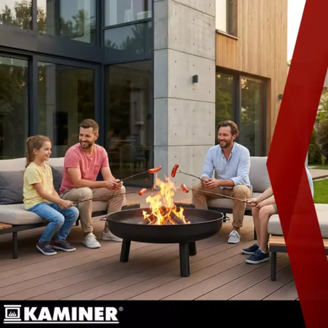 Kaminer Ronde vuurschaal 80 cm zwart met 3 poten en handgrepen voor tuin of terras