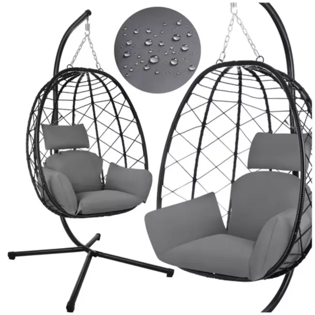 Gardlov Hangstoel cocoon met frame zwart en grijze kussens 194 cm draagkracht 150 kg voor tuin, terras of balkon