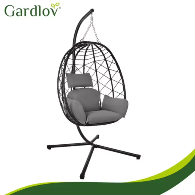 Gardlov Hangstoel cocoon met frame zwart en grijze kussens 194 cm draagkracht 150 kg voor tuin, terras of balkon