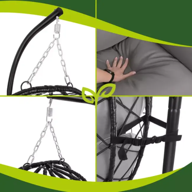 Gardlov Hangstoel cocoon met frame zwart en grijze kussens 194 cm draagkracht 150 kg voor tuin, terras of balkon