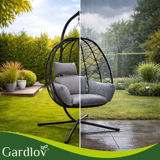 Gardlov Hangstoel cocoon met frame zwart en grijze kussens 194 cm draagkracht 150 kg voor tuin, terras of balkon